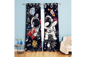 Koudi Astronauten Vorhänge Weltall Sternenhimmel Universum Muster Gardinen mit Ösen für Kinderzimmer, Babyzimmer 160 x 132cm (H × B)