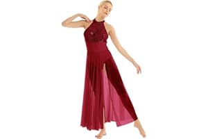 Freebily Women Adult Sequins Lyrical Dress Halter Neck Ballet Dance Costume Leotard Flowy Split Skirt