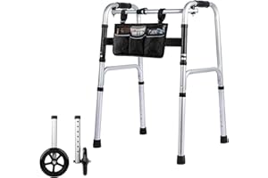 EASYVIBE Lightweight Folding Walker for Seniors - 8-Level Height Adjustable Walker with Small Storage Bag, Elderly Walkers with Removable Wheels,Portable Walkers for Senior, 2 Wheels with Bearings, Silver