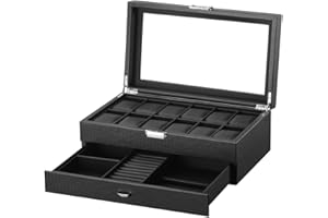 LINGFANSTORE Boîte de Montre en Bois, Support de Boîte de Rangement d'affichage de Montre, Présentoir Coffret Boîte de Stockage pour Bijoux Bracelets et Boutons de Manchette, 30 x 20 x 13 cm (Kohlefaser-W79T)