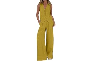 CPAMSKY Completi da Donna 2 Pezzi Set Gilet Con Scollo a V Senza Maniche Pantaloni a Gamba Larga Due Pezzi Completo Set Estate Lino Abbinato Tuta Eleganti Donna Estivo