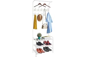 SORFITY Coat Rack Shoe Bench with 8 removable Hooks, Metal Coat Hat Rack Free Standing Clothes Stand with 3-Tier Shoe Rack Bench, Hat Stand Hallway Organiser, 3-in-1 Hall Tree with Metal Frame, Easy Assembly