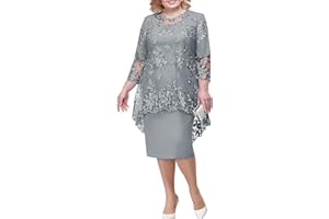 Zeiayuas Plus Size Dresses for Women UK Lace Floral Embroidered Cocktail Dress 3/4 Sleeve Elegant Midi Dresses Tunic Evening Dresses Sparkly Glitter Party Dresses Wedding Guest Gown