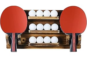 SWTHM Ping Pong Paddle Holder, Wall Mount Wood Table Tennis Racket Display Shelf Holds 6 Paddles and 12 Balls Ping Pong Accessories Organizer for Living Room Game Room Office