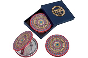 Totally Turkish Metal Compact Mirror – Small Folding Round Mirror With Magnetic Close – 1x & 2x Magnification – For Handbags, Make-Up, Travel & Commutes – Bright & Funky Geometric Pattern (Red Velvet)