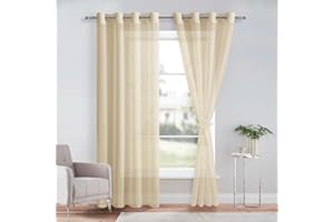 DWCN Lot de 2 Rideaux Voilages à Oeillets pour Fenêtre, Rideau Transparents avec Embrasses pour Salon Chambre d'enfant, Beige, 140x240cm (Largeur x Hauteur)