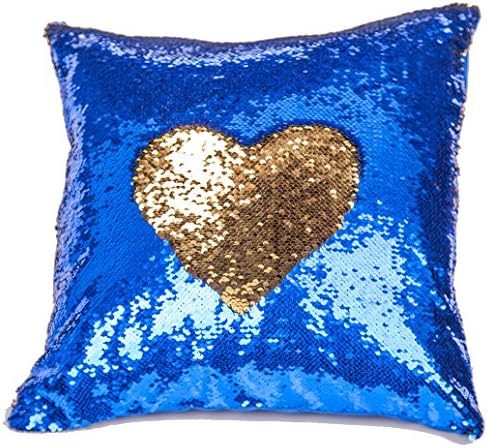 Premium Sequins Throw Pillow Cover Reversible Mermaid Pillowcase DIY Paillette Square Cushion Covers for Home Holiday Sofa Decorations 16 x 16 inch (Deep Blue + Gold)