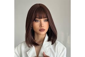 PORSMEER Peruka do ramion, prosta, gładka peruka, bob brązowa, średnia długość z grzywką, dla kobiet i dziewcząt, naturalne, sztuczne włosy na karnawał, Halloween, imprezę, 40 cm