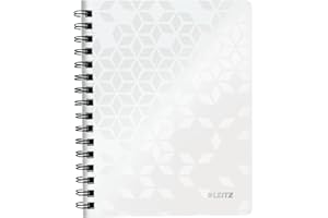 ‎LEITZ Leitz WOW Collegeblock A5 kariert, 160 Seiten, 80 Blatt FSC-zertifiziertes Papier 80 g/m², Doppelspiralbindung, PP-Einband, Notizbuch mit Sichthülle und Lineal, Für Büro oder Schule, Weiß, 46410001