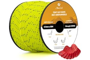 Abma Cord Tent Guy Ropes 3mm 50M Guy Line 10 Pcs Guy Rope Tensioners Heavy Duty Guide Rope for Camping, Gazebos, Awning, Tarp - Reflective Neon Yellow