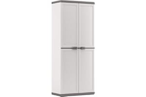 Keter Armoire Utilitaire Jolly - Armoire de Rangement en Résine Multifonctions - Étagères Modulables - Cuisine, Garage, Atelier, Placard - 65 x 39 x 166 cm - Blanc/Gris