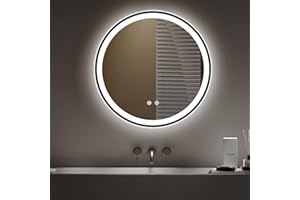 Warmiehomy Bathroom Mirror with LED Lights,Round 600mm Illuminated LED Bathroom Mirror with 3 Colour Dimmable Lights Demister Pad Touch Control,Black Frame