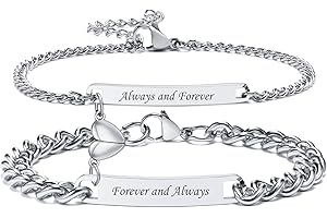 GAMTIC Engraved Cuban Couple Bracelet Set - Anniversary Couple Gifts, Wedding Gifts for Bridal and Groom, Valentines Gifts for Him Her, Steel Heart Charm Adjustable Chain Bracelets for Women and Men