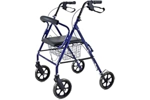 QUIRUMED Andador con asiento, Plegable, Aluminio, Color Azul, Con ruedas. Cesta portaobjetos, Frenos de maneta, Ligero, Para ancianos, Para personas mayores