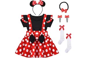 TOSZOLY Vestito Costume Mouse Bambina, Mouse Vestito Principessa Bambina con Manica Corta, Gonna a Pois Rossi con Bretelle, Accessori, Vestiti Bimba per Carnevale, Halloween, Compleanno Festa 1-3 Anni