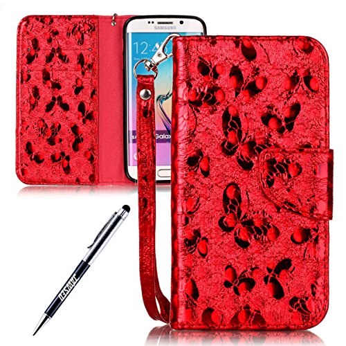 Galaxy S6 Edge Case, Galaxy S6 Edge Cover, JAWSEU Samsung Galaxy S6 Edge G925 Wallet Case Luxury Butterfly Premium PU Leather Flip Cover for Samsung Galaxy S6 Edge Protector Bumper Skin with Soft Silicone Case Credit ID Card Slots Magnetic Closure Kickstand Strap Wallet Pouch Smartphone Shell Protective Phone Case for Samsung Galaxy S6 Edge + Stylus Pen - Butterfly, Red
