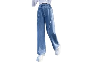 Rolanko Jeans Large Fille Bootcut Déchiré Troué Élastique Waille Denim Pantalon pour Enfants