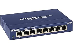 NETGEAR Przełącznik sieciowy GS108GE 8-portowy (gigabitowy Plug-and-Play, LAN, koncentrator Ethernet, metalowa obudowa bez wentylatora, ProSAFE), niebieski