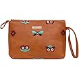 Chumbak Women's Embroidered Pouch |Owl Eyes Collection |Vegan Leather Travel essentials for Women |Multi-Purpose Bag for Makeup Kit, Perfume, Notebook - Brown