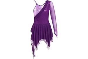 CHICTRY Abito da Pattinaggio Artistico Bambina Paillettes Chiffon Leotards Vestito Danza Classica Asimmetrico Abito da Ballo Latino Costumi di Danza Jazz Danza Moderna