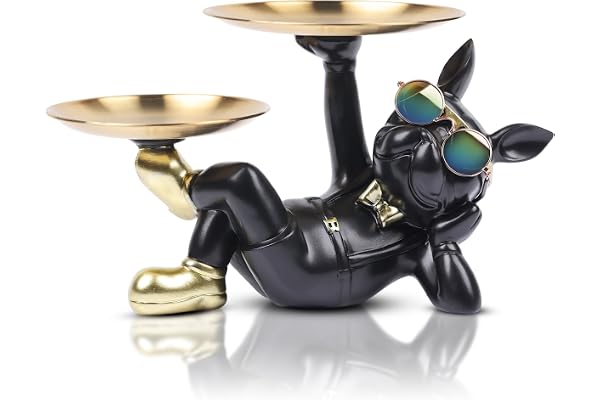suruim Bouledogue Statue Chien avec Plateau Décoratif - Plateau de Rangement en Résine pour Clés, Friandises et Décoration, Decoration Maison Moderne Deco Interieur Maison (Noir-2)