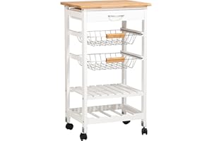 spot on dealz® 5 Tier Kitchen Trolley on Wheels Fruits Vegetable Rack Storage Cart Kitchen Island with Drawer Metal Baskets Wooden Oak Top Shelf Furniture Unit