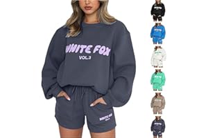 PREVENTLY Women's White Fox Tracksuit Set Oversized Two Piece Outfit Long Sleeve Pullover and Loose Short Sweatpants Y2k Jogger Track Suit Ladies Gym Activewear Casual Sportwear Running Walking Hiking