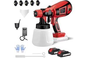 LHYNEE Pistola de Pintura, 21V 3000RPM Pulverizador Eléctrico con 2X 5000 mAh Baterías, 5 Boquillas Y 3 Modos de Pulverización con Depósito de 1000ml, Ideal para Pintar Casas, Paredes, Vallas Y Techos