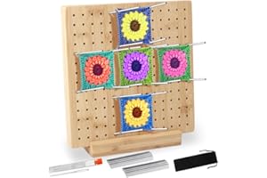 USHOP Blocco per Granny Square di Tavola,19.5*19.5 cm Tavola di blocco per uncinetto con 20 perni in acciaio inossidabile e 5 aghi,Pannello di bambù,per tendere Granny Squares,progetti di maglia e uncinetto