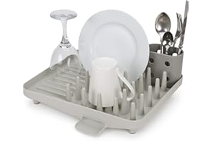 Joseph Joseph Duo Compact Dish Drying Rack, Kitchen Dish Plate Drainer with Utensil Pot and Draining Spout, Grey