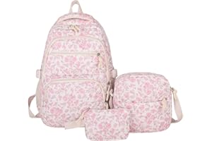 TIAASTAP School Backpack for Girls - Cute Preppy School Bag Floral Aesthetic Backpack Set Quilted Rucksack for Teenage Secondary College (Pink)