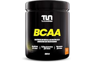 BCAA au ratio 2.1.1 enrichi en Glutamine | Leucine, Isoleucine, Valine et Vitamines B6 | Récupération et Construction Musculaire | Contre l’Acide Lactique | 360g de Poudre saveur Ice Tea Pêche | TLN
