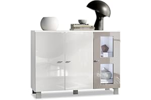 ‎VLADON Vladon Sideboard Denjo, Made in Germany, Kommode mit 3 Türen, Weiß matt/Weiß Hochglanz/Sandgrau Hochglanz, inkl. LED-Beleuchtung (107 x 81 x 35 cm)