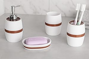 Fingey Modern Design 4 Piece Bathroom Accessory Set, Soap Dish, Tooth Brush Holder, Soap Dispenser, Rinse Cup (White) (Brown Ring)