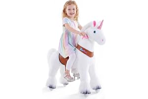 PonyCycle Klassisk Modell U rider på Enhörning med hjul, plysch ridpony med broms och ljud, Storlek 4 för ålder 4-7, gungdjur, ståhäst, Vitt Enhörning Ux404