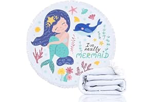 Queenshin Blanc Grande Taille Sirène Serviettes de Plage Rondes, Adultes Couverture de Voyage Couverture Pique Nique Tapis de Plage, 150 cm