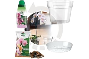 OPENGARDENWEB Kit Rinvaso per Orchidee completo - Vaso Trasparente da 15cm con sottovaso - Substrato Specifico per Orchidee 2 Lt - Concime Liquido 250ml - Inclusa Guida