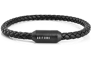 Akitsune Silva Skórzana bransoletka z zapięciem magnetycznym, 5 mm, damska bransoletka z ogniwami, ze stali nierdzewnej, prosta – srebrna, matowa czarna, złota, Skóra, bez kamienia