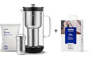Aarke Purifier, Wasserfilterkaraffe aus Glas und Edelstahl, 2.4L + 3er-Pack Pure Filter Nachfüllbeutel