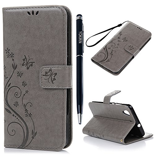 Huawei Y6 II / Y6 2 Hülle Case YOKIRIN Gray PU Leder Flip Tasche Ledercase Cover Wallet Handyhülle Folio Schutzhülle Handytasche Handyschale mit Standfunktion Kredit Kartenfächer Magnetverschluss in Muster:Schmetterling Blumen