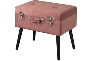 BARONI HOME Baroni Pouf Valigia Contenitore in Velluto, Puff Sgabello Portaoggetti, Pouff Poggiapiedi Salotto, Camera con Zampe in Legno, Colore Rosa Cipria, 50x35x46 cm