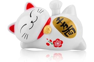 ‎HERCHR HERCHR Winkekatze Glückskatze Solar Neko, Niedliche Neko Glückskatze Figuren Liegend Winkend Glück Verheißend Fengshui Dekor, Auto Dekor Begrüßen Wohnaccessoires (Weiß)