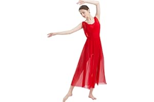 FYMNSI Adult Women Lyrical Dance Costume Modern Contemporary Dancewear V-Neck Backless Split Mesh Tulle Long Skirt Flowy Overlay Dress Stage Performance Clothing