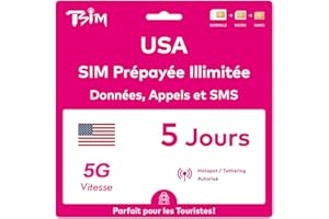 TSIM Carte SIM USA 5 Jours. Réseau T-Mobile avec données illimitées à Haute Vitesse en 5G/4G/LTE | Appels et SMS locaux illimités aux USA (Hawaï Inclus). Carte SIM 5G !