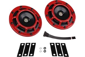 ‎FARBIN Auto Hupe 12 Volt Hochton/Niedriger Ton Doppelhorn Kit mit Rot Schutzgitter Metall Twin Horns Kit für Auto Motorrad, Rot Set Hoch/Tiefton