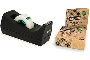‎POST-IT Scotch Abroller, Schwarz inkl. 3 Rollen Scotch Magic Klebeband A Greener Choice - mit Pflanzlichem Klebstoff und 100 % Recyceltem Karton, Nachfüllbarer Klebebandabroller für Schule, Zuhause und Büro