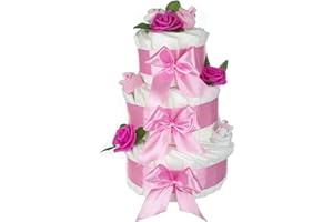 dubistda XXL Windeltorte rosa für Mädchen ROSENBLÜTE / 63-teilig/Geschenk zur Geburt / 45cm