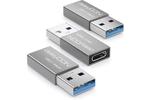 deleyCON USB C Adapter USB 3.0 (3 Sztuki) 5 Gb/s USB-C do USB-A, do Ładowania Kabla, Transmisji Danych, Ładowarki, do iPhone 16 15, iPad, Airpods, Watch, Galaxy S25/S24, Komputera, Tabletu - Srebrny