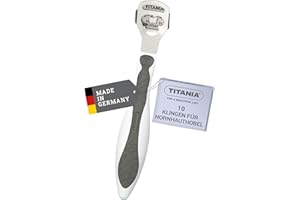‎TITANIA TITANIA Hornhauthobel mit 10 Ersatzklingen • Hornhautentferner aus rostfreiem Edelstahl • Qualitäts-Hornhautschneider • Made in Germany • Hornhaut-Hobel, Grau