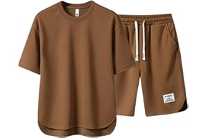 WAZHAKU Tuta sportiva in lino, da uomo, tinta unita, 2 pezzi, a maniche corte, con bottoni e pantaloncini da spiaggia, set di pantaloni corti, in cotone e lino, da jogging